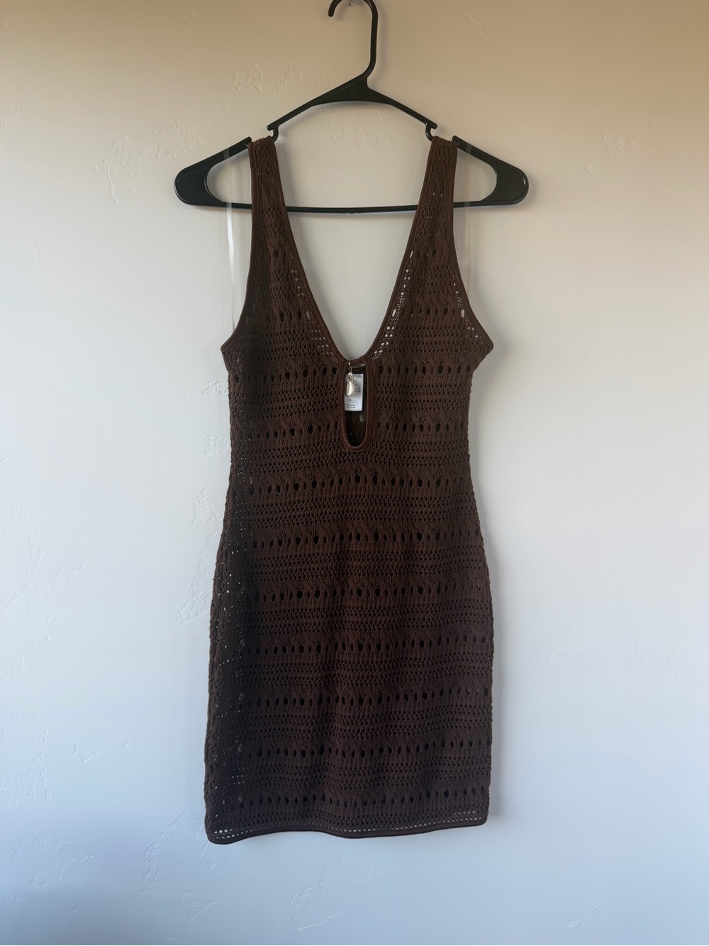 wild fable Brown Crochet Deep V Mini Dress Swimsuit Coverup